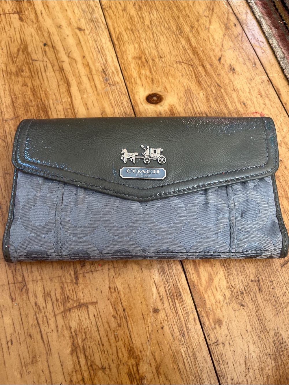 Coach Gray Madison Signature Trifold Wallet with Leather Flap